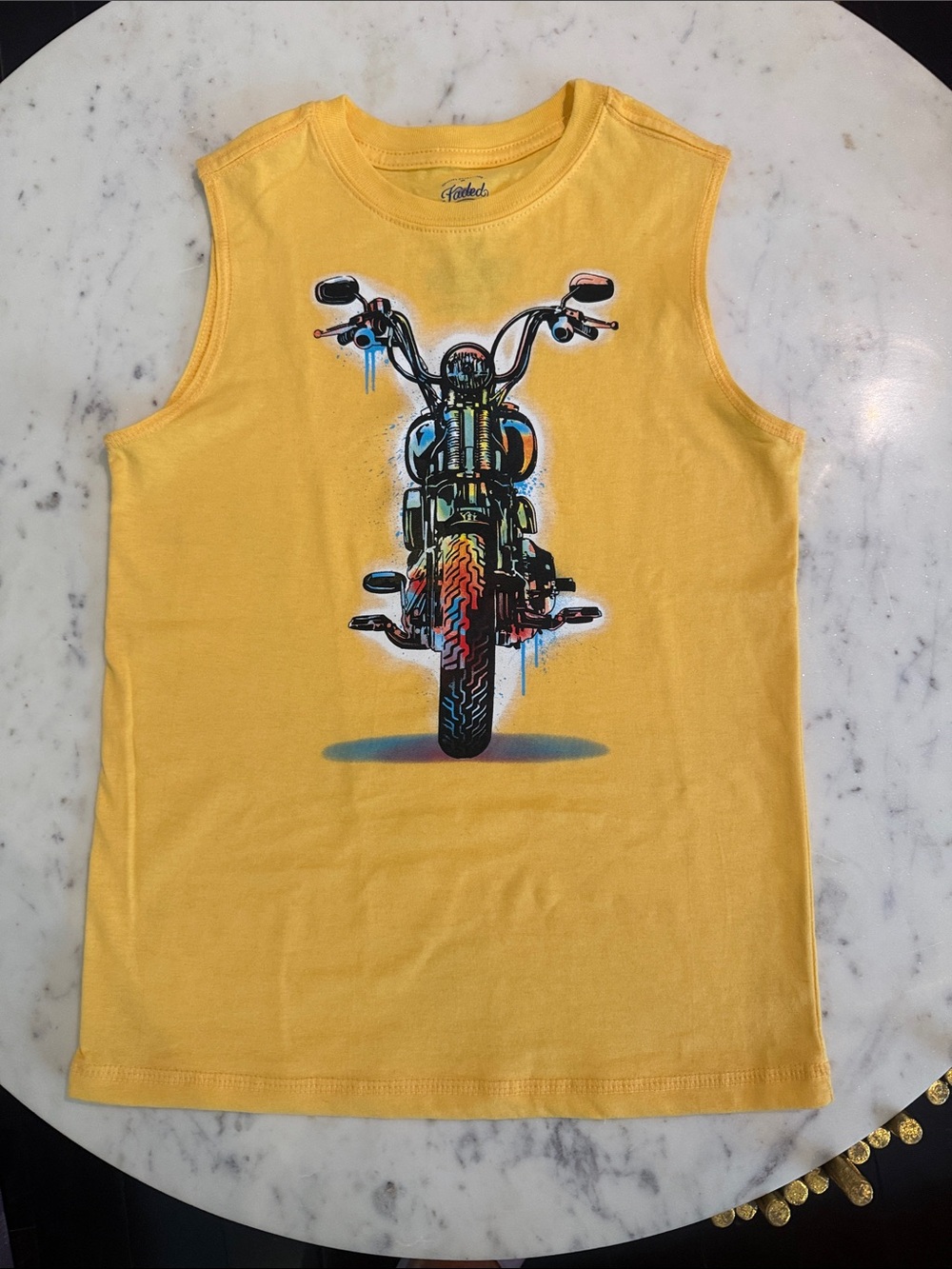Faded Glory Yellow Tank with Colorful Motorcycle Graphic